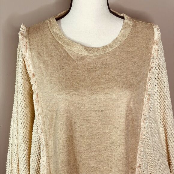 Umgee Tan Beige Fringe Waffle Knit Dolman Sleeve Sweater Size S - Picture 3 of 9